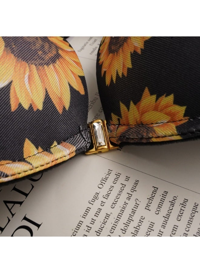 Women Sunflower Print Push Up Bra & Panty Set, 3/4 Cup Underwire Front Closure Lace Trim - Image 4