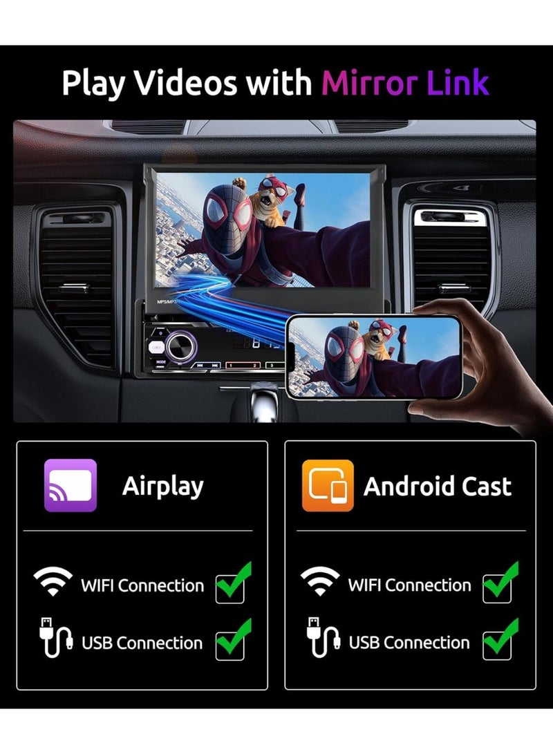 شو وو راديو لاسلكي بشاشة لمس مقاس 7 بوصات، شاشة لمس IPS يدوية قابلة للطي، ستيريو سيارة AM/FM/RDS 5.1 بلوتوث، شحن سريع، أندرويد أوتو لاسلكي، وصلة مرآة، منفذان USB/TF/AUX + كاميرا احتياطية - Image 4