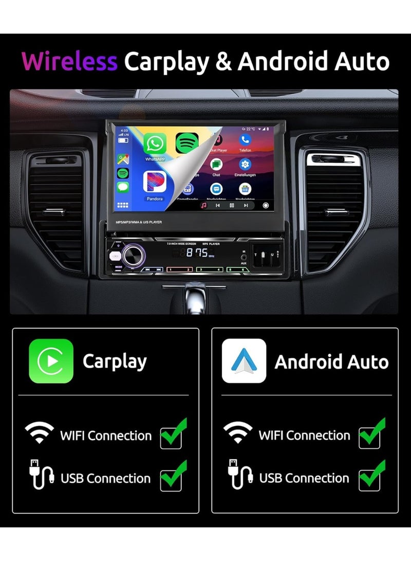 شو وو راديو لاسلكي بشاشة لمس مقاس 7 بوصات، شاشة لمس IPS يدوية قابلة للطي، ستيريو سيارة AM/FM/RDS 5.1 بلوتوث، شحن سريع، أندرويد أوتو لاسلكي، وصلة مرآة، منفذان USB/TF/AUX + كاميرا احتياطية - Image 3