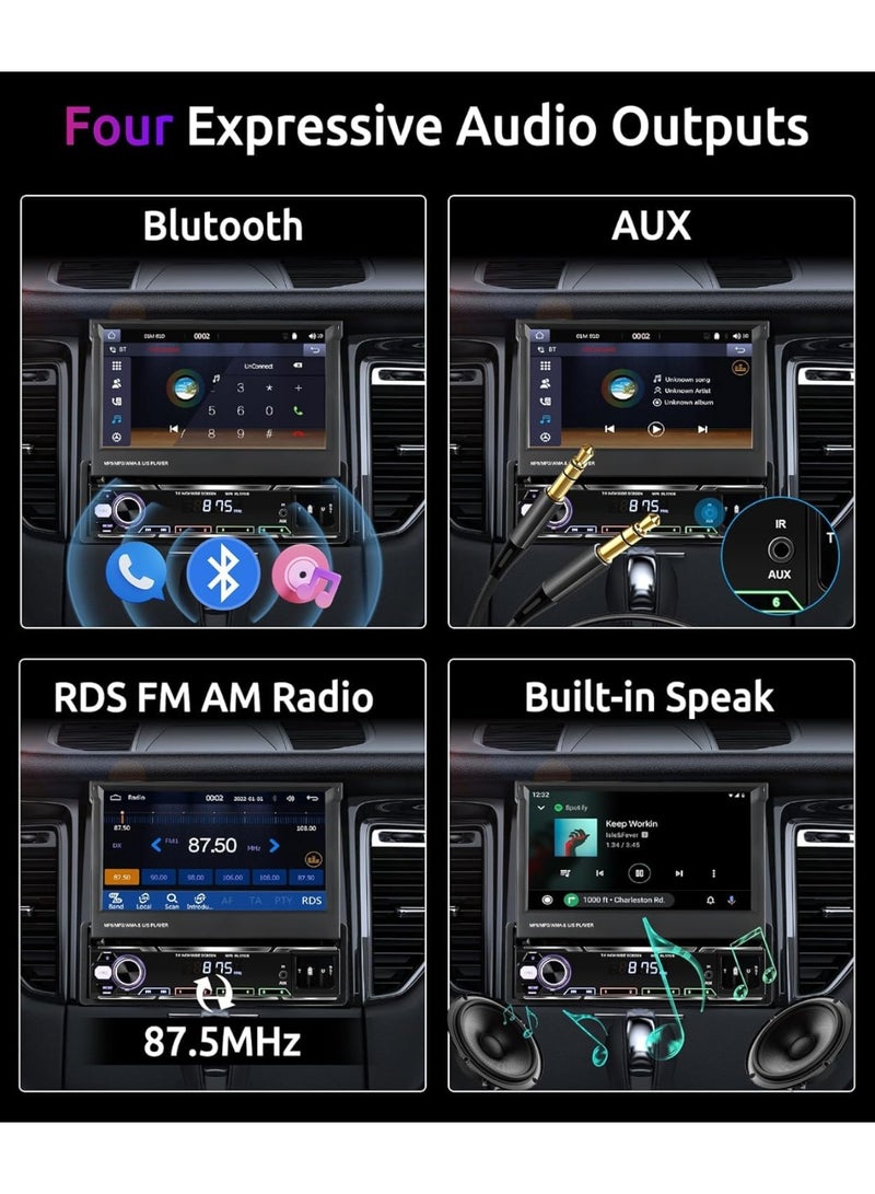 شو وو راديو لاسلكي بشاشة لمس مقاس 7 بوصات، شاشة لمس IPS يدوية قابلة للطي، ستيريو سيارة AM/FM/RDS 5.1 بلوتوث، شحن سريع، أندرويد أوتو لاسلكي، وصلة مرآة، منفذان USB/TF/AUX + كاميرا احتياطية - Image 5