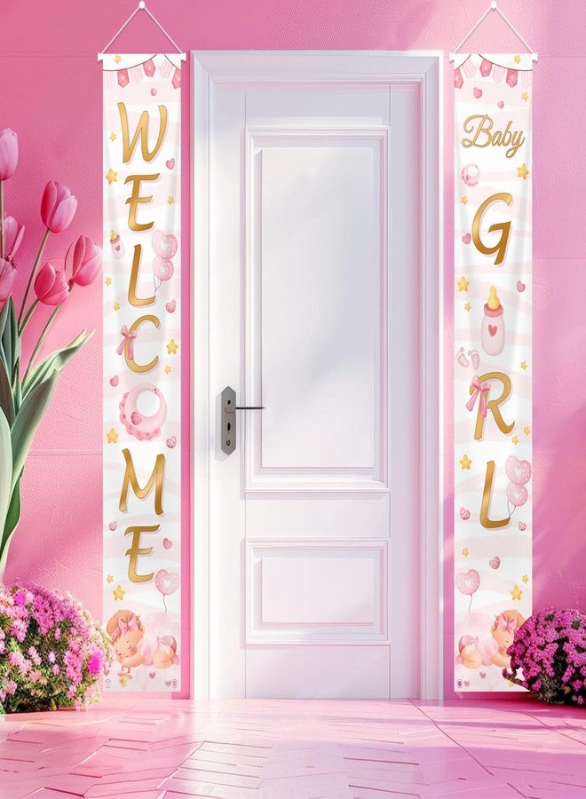 MEHOFOND Welcome Baby Girl Porch Banner Decor, Welcome Baby Girl Hanging Door Banner ender Reveal Baby Shower Door Sign Party Decoration Inside Outside - Image 4