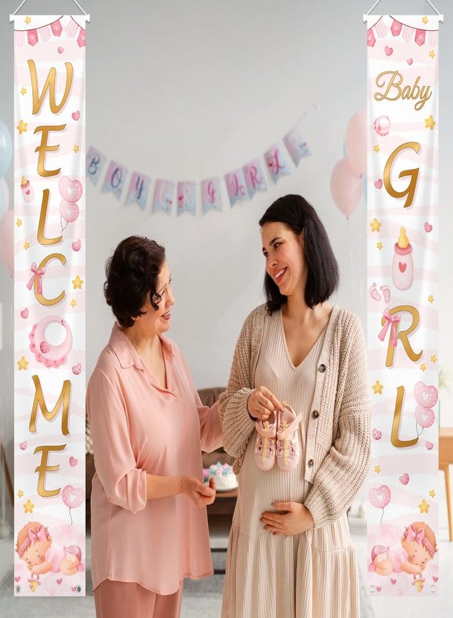 MEHOFOND Welcome Baby Girl Porch Banner Decor, Welcome Baby Girl Hanging Door Banner ender Reveal Baby Shower Door Sign Party Decoration Inside Outside - Image 5