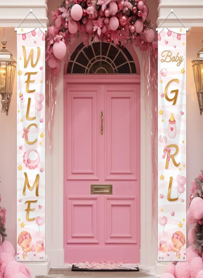 MEHOFOND Welcome Baby Girl Porch Banner Decor, Welcome Baby Girl Hanging Door Banner ender Reveal Baby Shower Door Sign Party Decoration Inside Outside - Image 1