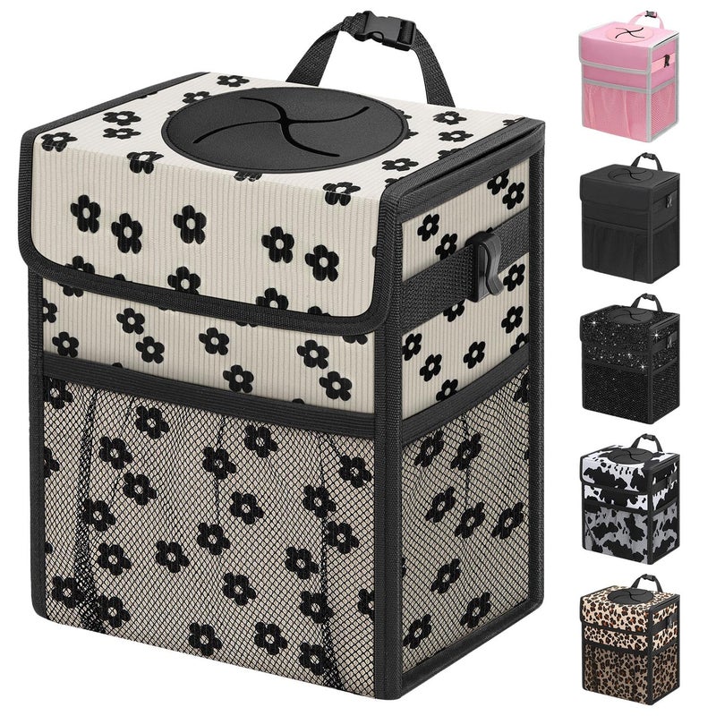 Capolo Car Trash Can with Lid, Leakproof Car Trash Bag Hanging Waterproof Automotive Garbage Can with Storage Pockets Mini Vehicle Trash Bin for Back/Front Seat(Corduroy Black Flower,2.5 Gallon) - Image 1