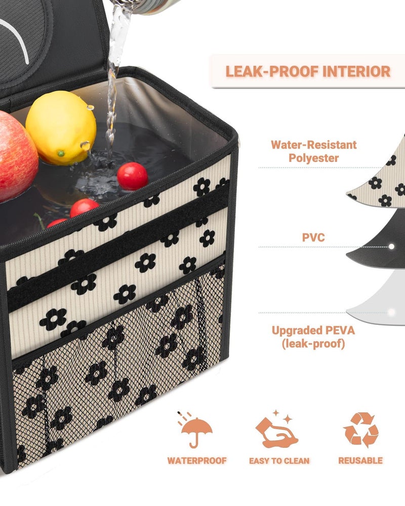 Capolo Car Trash Can with Lid, Leakproof Car Trash Bag Hanging Waterproof Automotive Garbage Can with Storage Pockets Mini Vehicle Trash Bin for Back/Front Seat(Corduroy Black Flower,2.5 Gallon) - Image 4