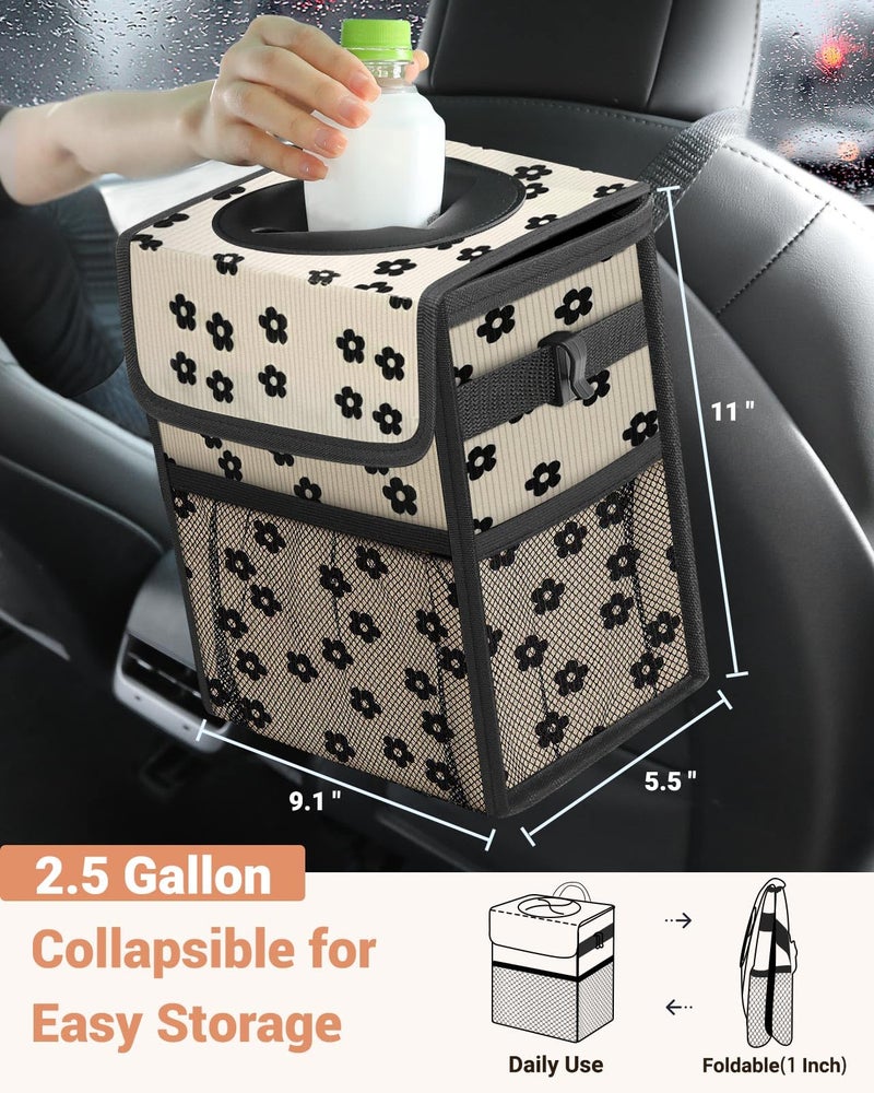 Capolo Car Trash Can with Lid, Leakproof Car Trash Bag Hanging Waterproof Automotive Garbage Can with Storage Pockets Mini Vehicle Trash Bin for Back/Front Seat(Corduroy Black Flower,2.5 Gallon) - Image 2