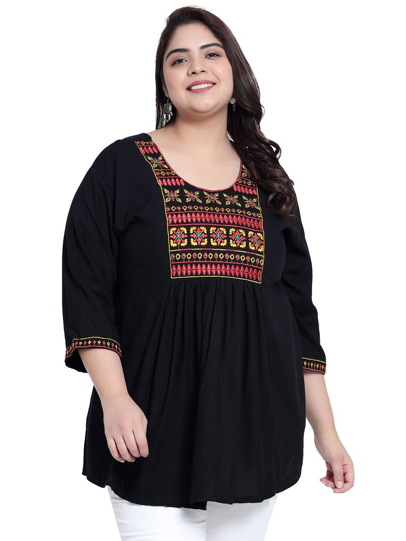 Indietoga Women's Plus Size Rayon Regular Tops (10001414_Black Embroidered_5XL) - Image 1