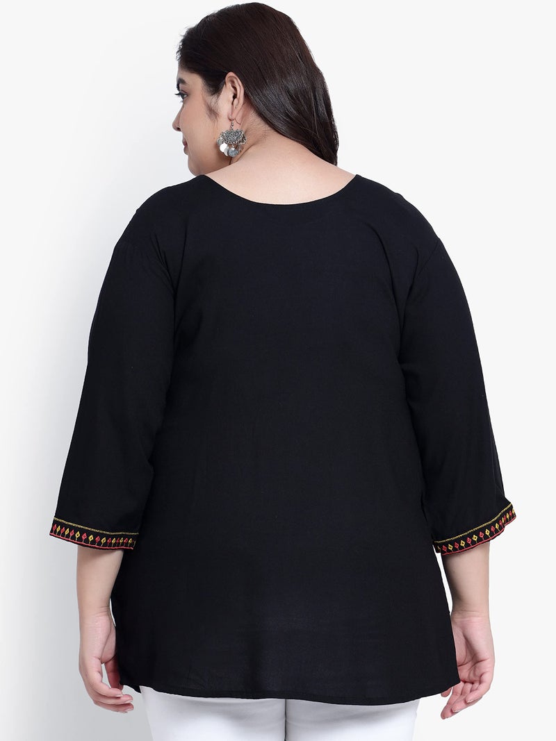 Indietoga Women's Plus Size Rayon Regular Tops (10001414_Black Embroidered_5XL) - Image 3