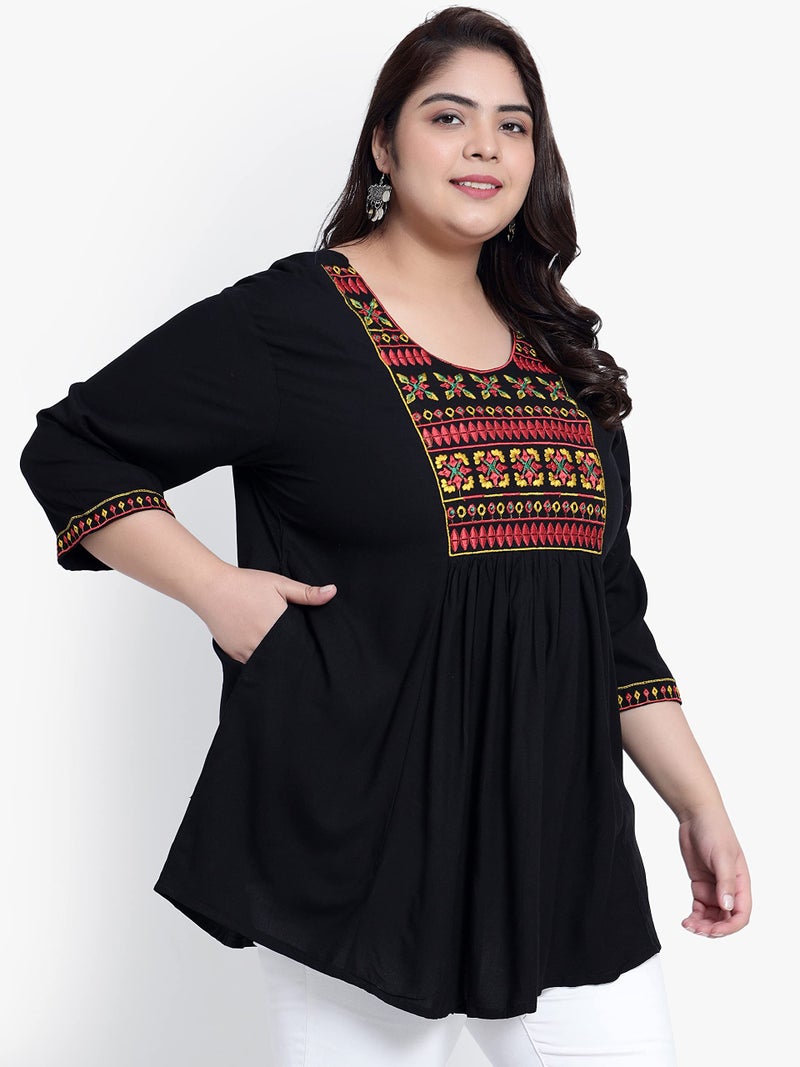Indietoga Women's Plus Size Rayon Regular Tops (10001414_Black Embroidered_5XL) - Image 4
