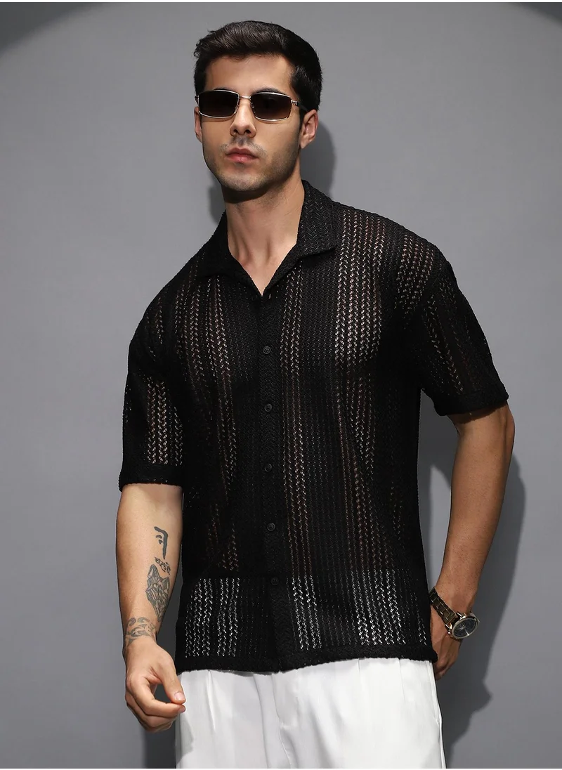 Campus Sutra Men's Onyx Black Solid Open-Knit Resort Shirt For Casual Wear | Cuban Collar | Short Regular Sleeves | Button Closure | Oversized Shirt Shirt Crafted With Comfort Fit For Everyday Wear