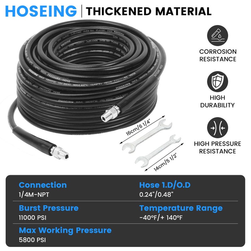 Generic 100FT Sewer Jetter Kit for Pressure Washer, 5800 PSI Water Jet Drain Cleaner Hose Corner Rotating Button Nose Sewer Jetting Nozzle 1/4 Inch NPT, Sewer Jetter Nozzles Kit with Spanner Handle Strap  - Image 2
