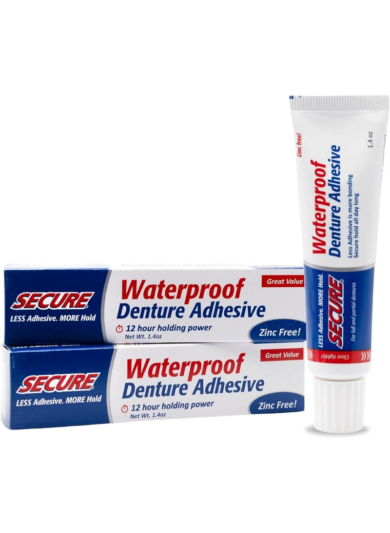 Secure Waterproof Denture Adhesive - Zinc Free - Extra Strong 12 Hour Hold - 1.4 oz (Pack of 2) - Image 1