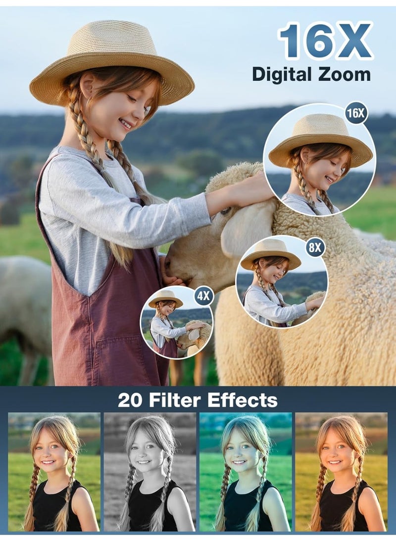 44MP Compact HD Digital Camera with 32GB Memory Card – 2.4" Display, 1080P Video, 16X Zoom, Fill Light, Webcam Mode & Rechargeable Battery – Lightweight Camera for Beginners & Travel Use - Image 3