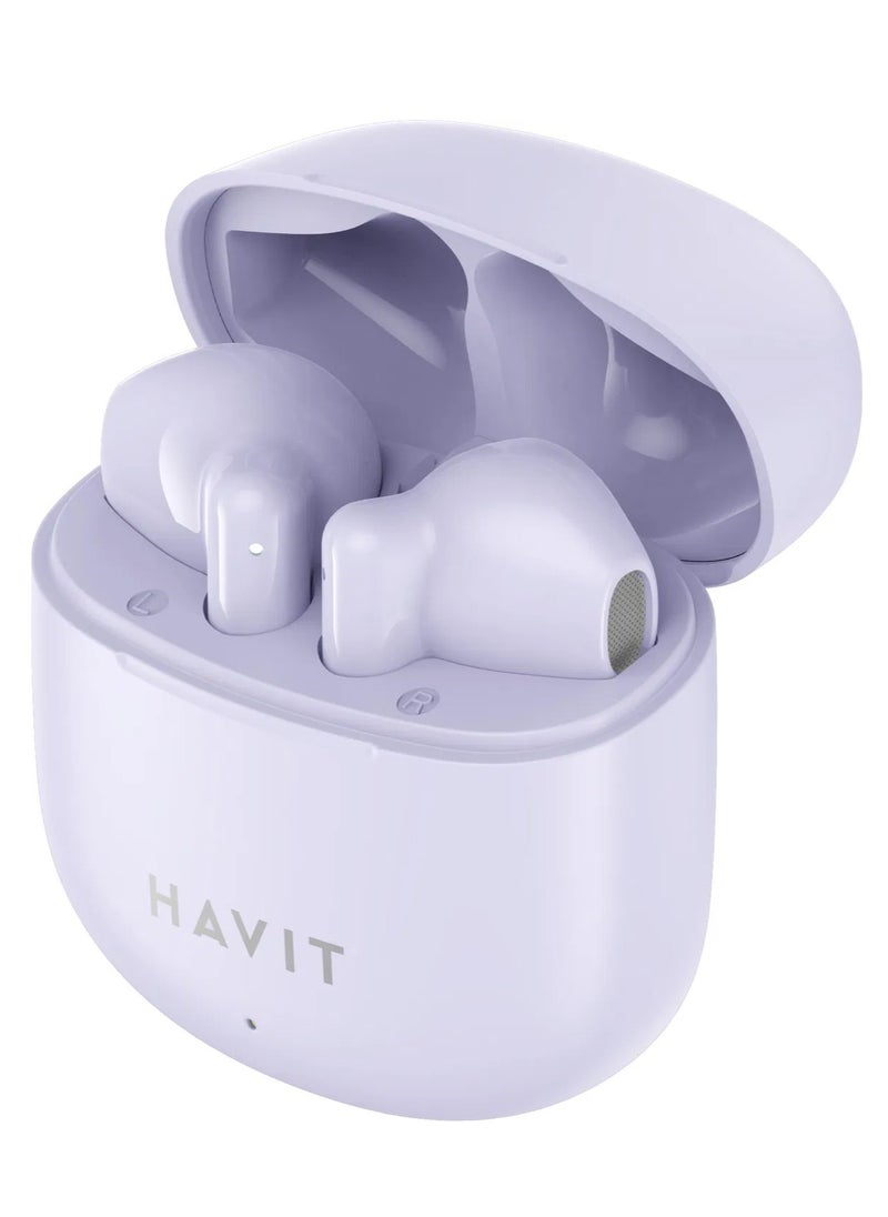 havit True Wireless Earbuds with Stereo Sound, TWS Smart Touch Control, 25 Hours Playtime (Including Charging Case), Lightweight & Comfortable Design, Type-C Charging Port, Compatible with iOS, Android, PC, for Music, Calls, and Gaming - High-Quality Bluetooth Earbuds (Purple)  - Image 1