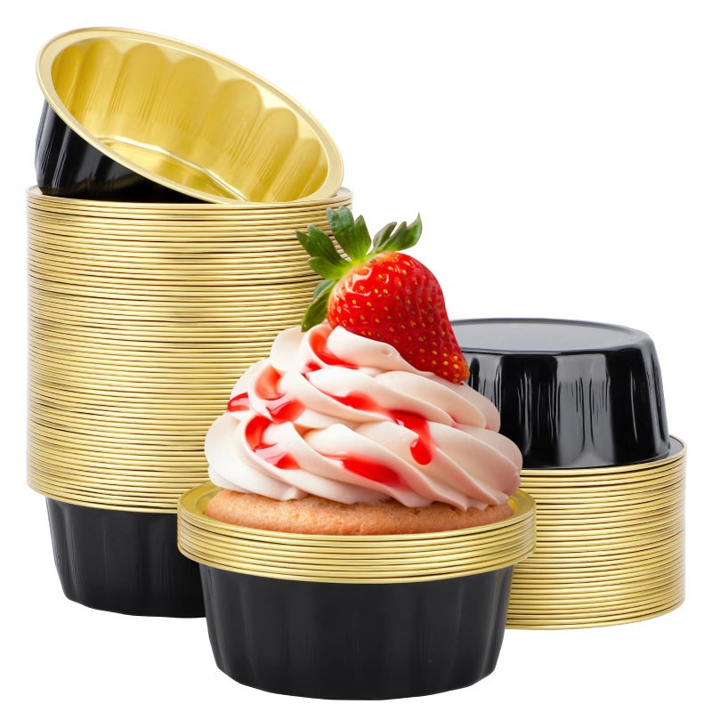 Beasea Disposable Baking Ramekins 8 oz 100 Pack 39 235ml Aluminum Foil Cups Bake Utility Ramekin Cup Souffle Cup Muffin Cupcake Baking Cup Mini Pudding Cups for Party Wedding Birthday  Black Gold
