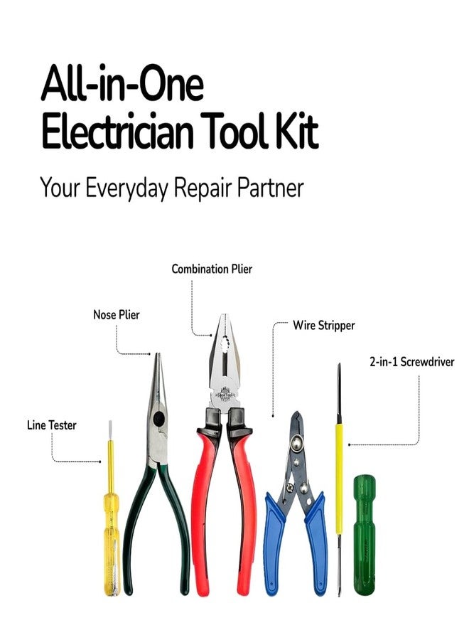 LOOPITO 5-in-1 Hand Tool Kit – Combination Plier, Wire Stripper, Nose Plier, Line Tester & 2-in-1 Screwdriver Set for Electricians & Home Use (Multicolor) - Image 2