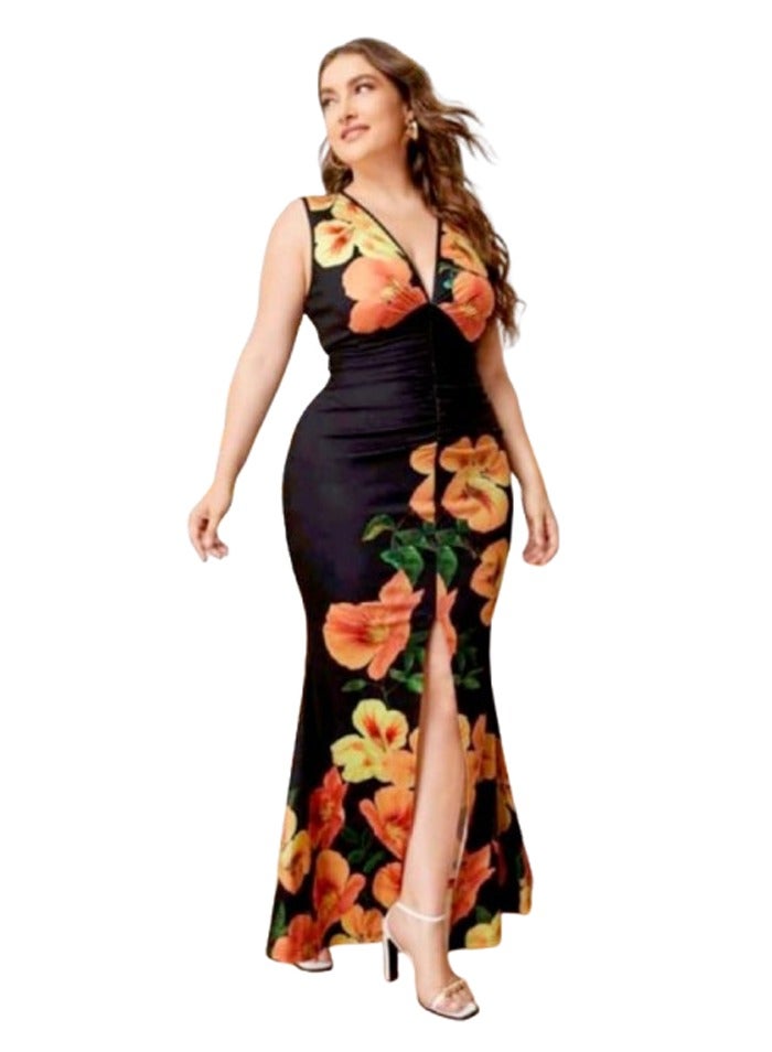 Long orange rose print dress - custom size - black  - Image 1