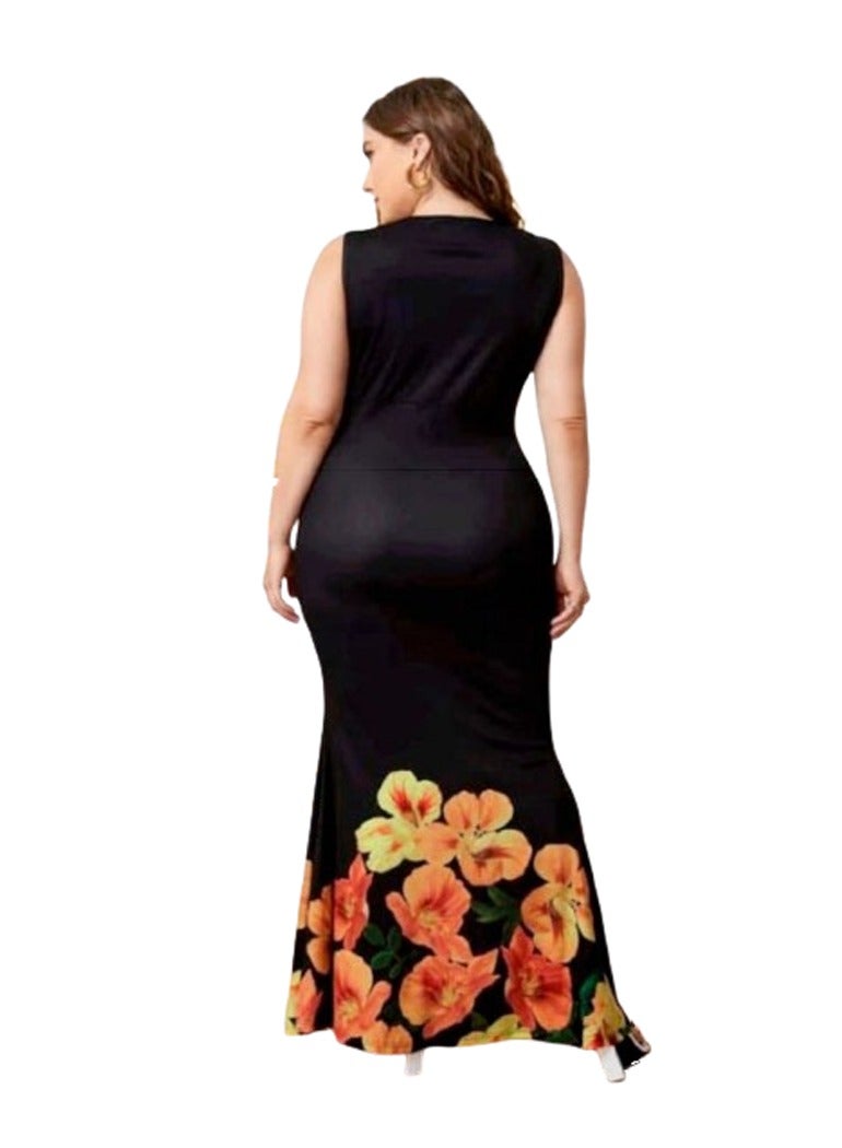 Long orange rose print dress - custom size - black  - Image 2