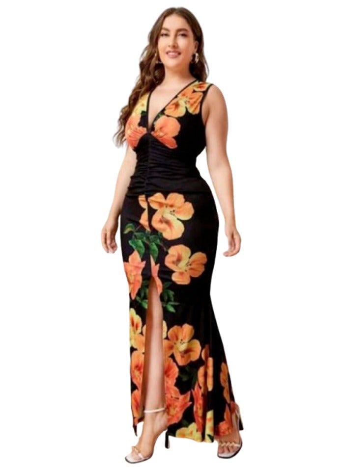 Long orange rose print dress - custom size - black  - Image 4
