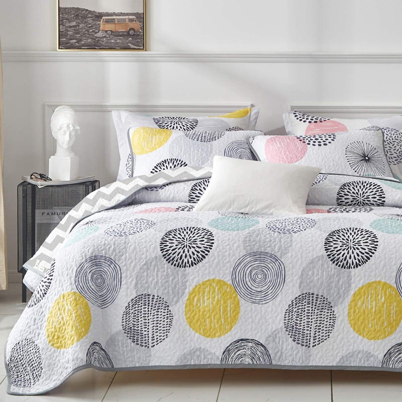 UOZZI BEDDING 3 Piece Reversible Quilt Set Queen Size 90x90 Soft Microfiber Lightweight Coverlet Bedspread Summer Comforter Set Bed Cover Blanket for All Season Pink Yellow Teal Colorful Dots - Image 1