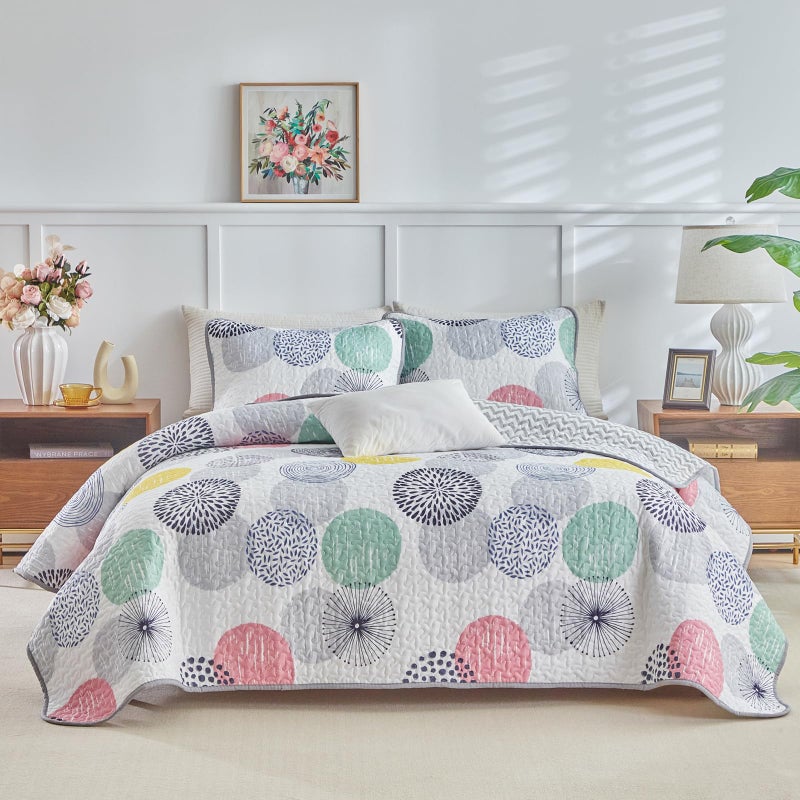 UOZZI BEDDING 3 Piece Reversible Quilt Set Queen Size 90x90 Soft Microfiber Lightweight Coverlet Bedspread Summer Comforter Set Bed Cover Blanket for All Season Pink Yellow Teal Colorful Dots - Image 3
