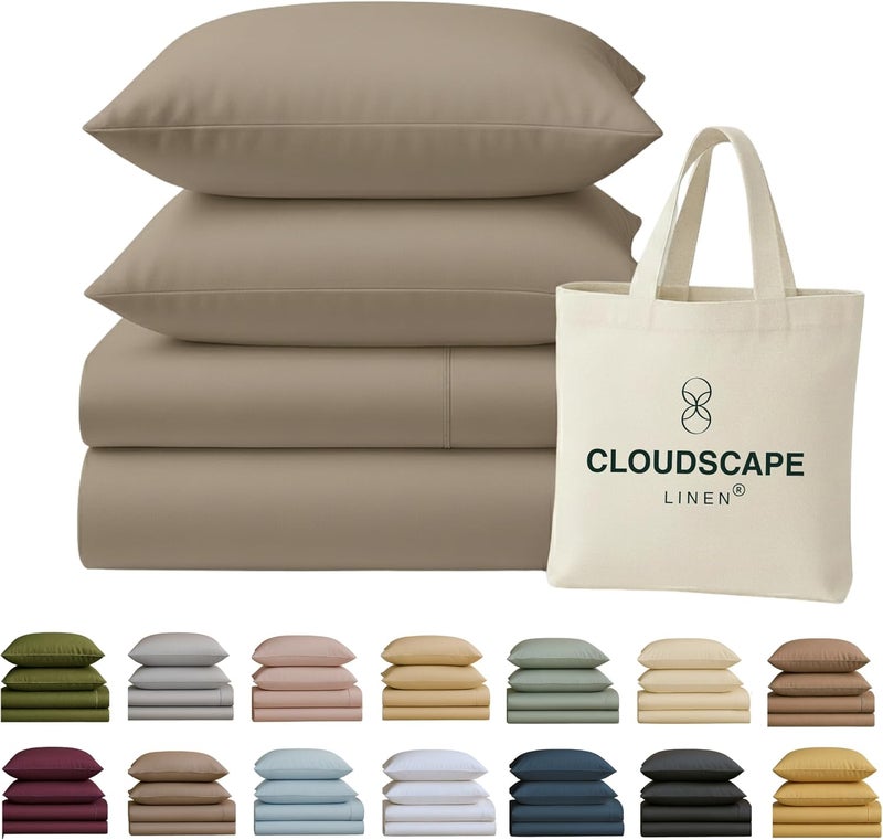 كلاود سكيب لينين مجموعة شراشف Cloud Scape Linen مقاس كينج عدد الخيوط 400 - من القطن المصري 100%، مجموعة شراشف سرير قطنية ناعمة ومتينة ومسامية، جيب عميق يصل إلى 16 بوصة، بيج رمادي - Image 1