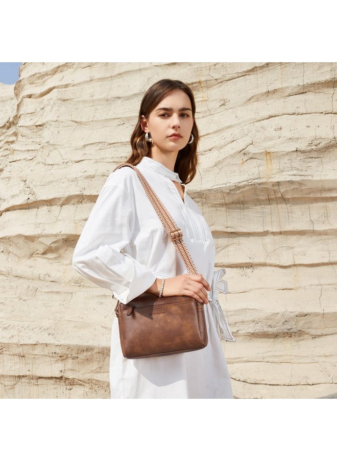 Bostanten BOSTANTEN Small Crossbody Purse for Women Triple Zip Cell Phone Leather Shoulder Handbag with Wide Guitar Strap Brown  - Image 2