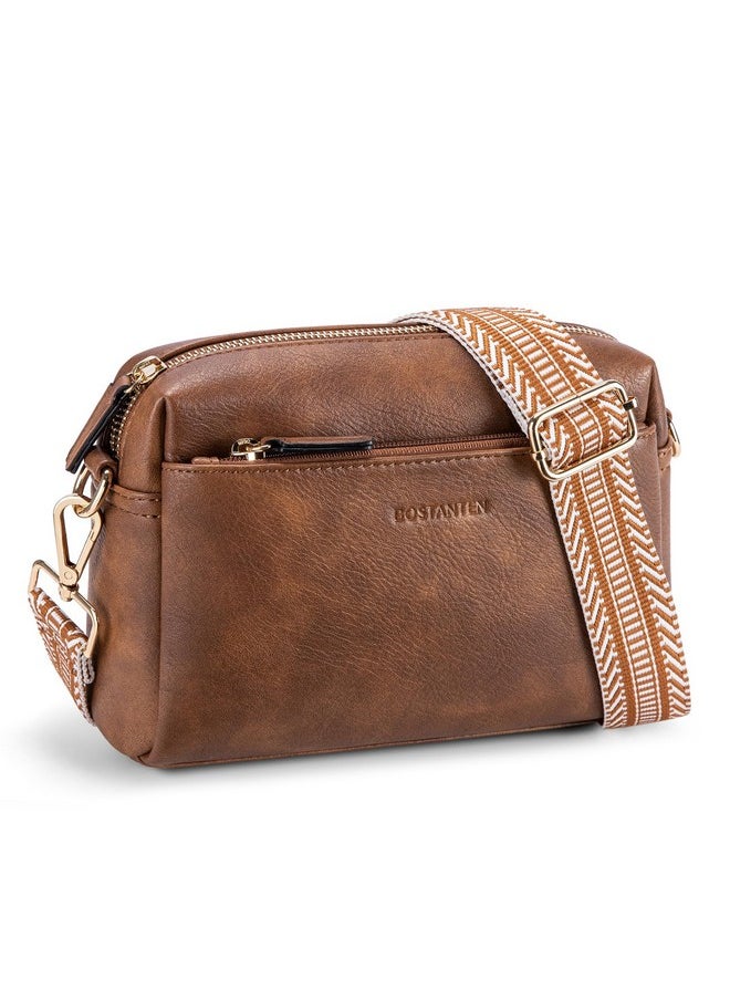 Bostanten BOSTANTEN Small Crossbody Purse for Women Triple Zip Cell Phone Leather Shoulder Handbag with Wide Guitar Strap Brown  - Image 1