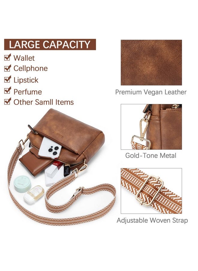 Bostanten BOSTANTEN Small Crossbody Purse for Women Triple Zip Cell Phone Leather Shoulder Handbag with Wide Guitar Strap Brown  - Image 4