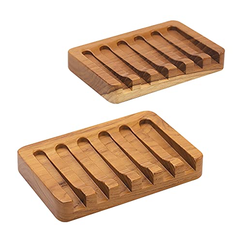 HTB 2PCS Self Draining Soap Dishes by HTB, Teak Wood Soap Holder, Soap Saver for Shower, Bathroom, Bath Tub, Kitchen Sponges, Easy Dry Extend Soap Life - Image 1