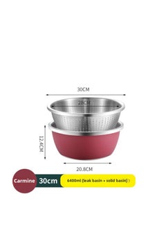 Generic 304 Stainless Steel Colorful Cooking Basin With Lid Salad Basin Baking And Noodle Egg Bowl Baby Washing Bottle Draining Basin-规格:304料理盆+漏盆-30CM-胭脂红-颜色:默认项  - Image 1