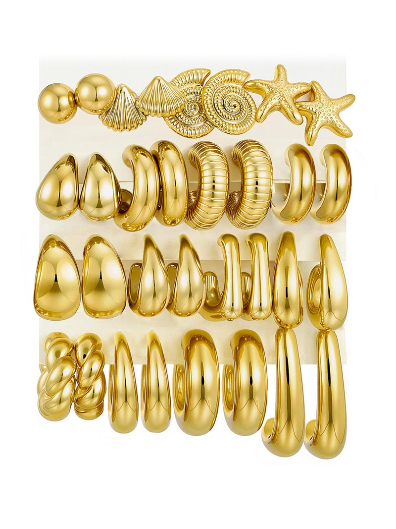 Shall Shell 16 Pairs Chunky Gold Hoop Earrings Set for Women, Lightweight Ocean Theme Gold Hoop Earrings, Hypoallergenic Multipack Stack for Women Trendy Jewelry Gift - Image 1
