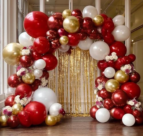 Pinbra Red White Gold Balloon Arch Double Stuffed Burgundy Red Gold Pearl White Balloon Garland Kit Wine Latex Balloons for Mosters Day Birthday Wedding Engagement Graudation Party Decorations - Image 1