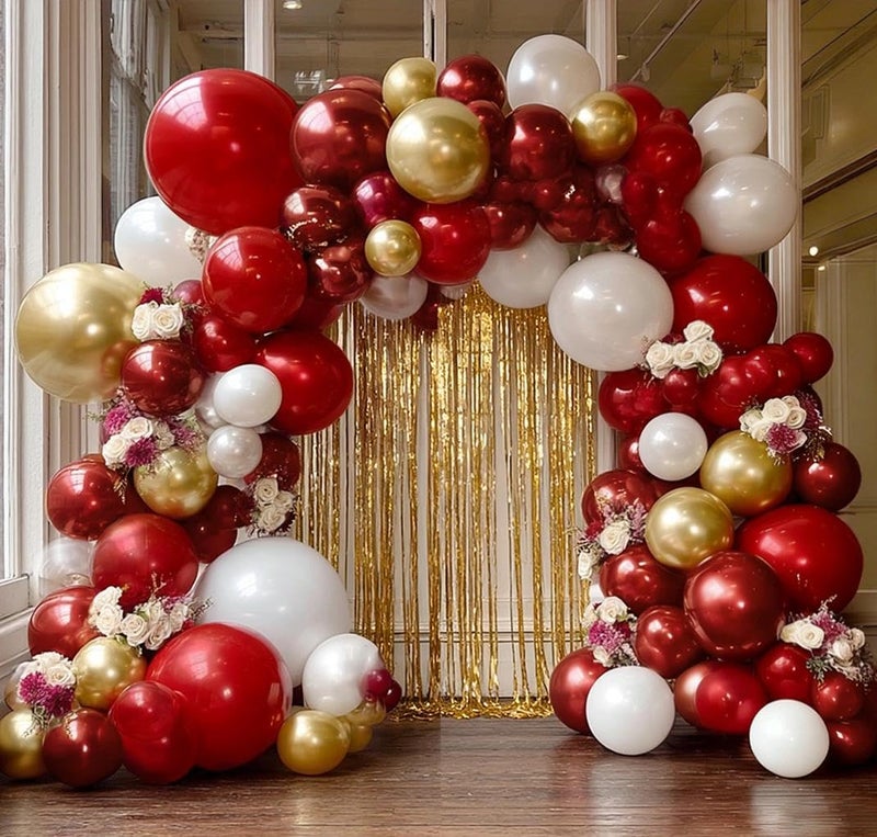 Pinbra Red White Gold Balloon Arch Double Stuffed Burgundy Red Gold Pearl White Balloon Garland Kit Wine Latex Balloons for Mosters Day Birthday Wedding Engagement Graudation Party Decorations - Image 2
