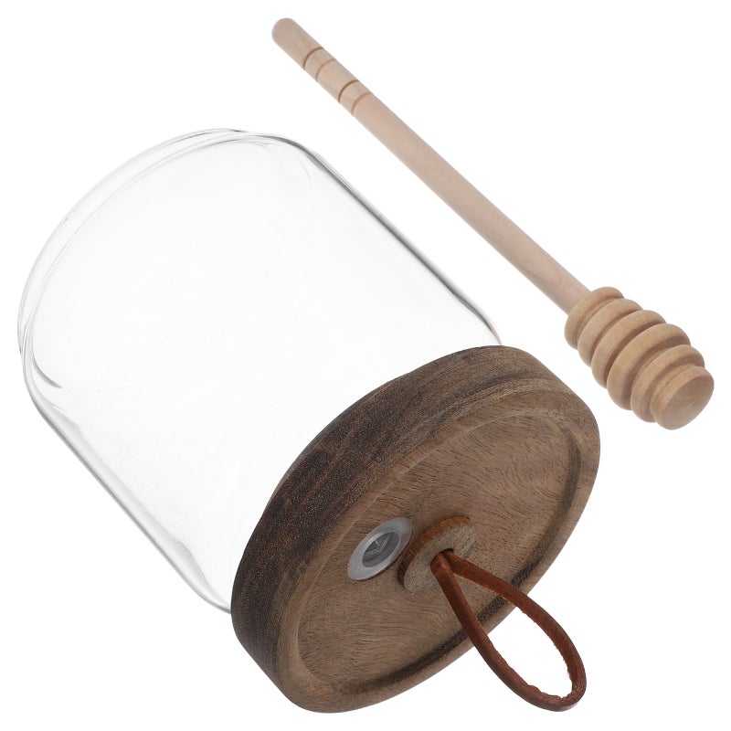 Honey Jar Pot With Dipper Glass Honey Dispenser Jam Container Clear Syrup Canister Wood Lid Condiment Storage Can For Home Kitchen Honey Bottle - Image 1