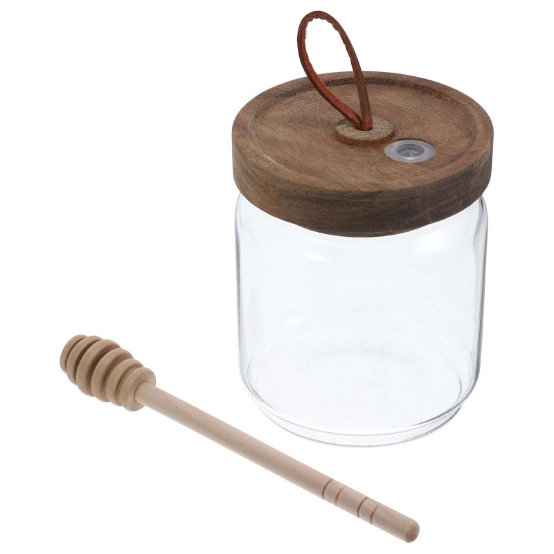 Honey Jar Pot With Dipper Glass Honey Dispenser Jam Container Clear Syrup Canister Wood Lid Condiment Storage Can For Home Kitchen Honey Bottle - Image 4