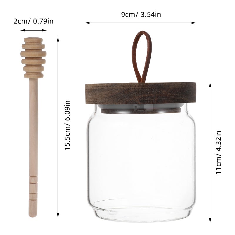 Honey Jar Pot With Dipper Glass Honey Dispenser Jam Container Clear Syrup Canister Wood Lid Condiment Storage Can For Home Kitchen Honey Bottle - Image 3