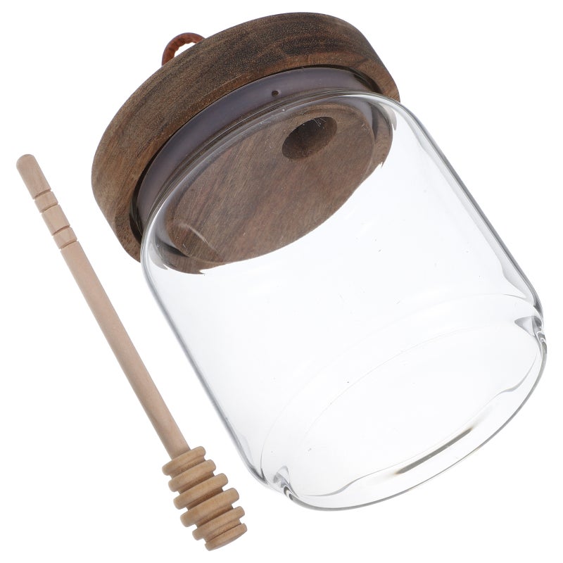 Honey Jar Pot With Dipper Glass Honey Dispenser Jam Container Clear Syrup Canister Wood Lid Condiment Storage Can For Home Kitchen Honey Bottle - Image 5