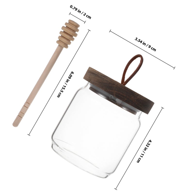 Honey Jar Pot With Dipper Glass Honey Dispenser Jam Container Clear Syrup Canister Wood Lid Condiment Storage Can For Home Kitchen Honey Bottle - Image 2
