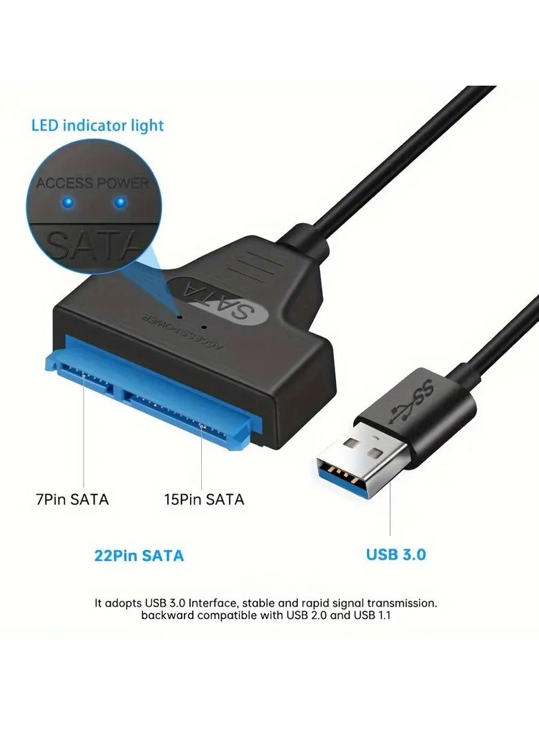 SATA to USB 3.0 adapter cable suitable for 2.5-inch hard drives/solid state drives, USB to SATA III hard drive adapter converter, (black) suitable for 2.5-inch HDD SSD hard drives (compatible with UASP), Male to Male Flat Data Transfer Cord, with DC Power Supply for Laptop/Desktop SSD/HDD