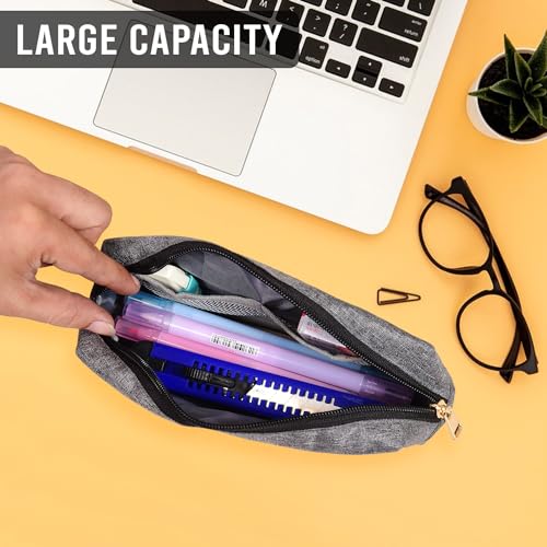 AQBAH Polyester Accessories Pouch For Stationary & Cosmetics, High Capacity Pencil Bag, Large Pencil Case, Pen & Pencil Case For School, College And Office (Light Grey) - Image 3