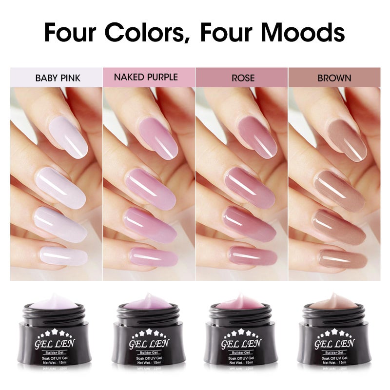 Gellen Builder Gel Kit - Nail Extension Kit 4 Colors Nude Baby Pink Naked Purple Rose Brown Hard Gel Nail Builder 15ml - Image 2