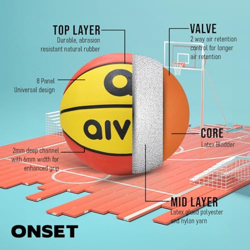 Aivin Onset Basketball, Rubberized Moulded Basketball Game, for Match, Training, Outdoor Ball, Durable for Practice, Waterproof and Suitable for All Surface,8 Panel, Material-Rubber(Yellow/Red) Size-7 - Image 2