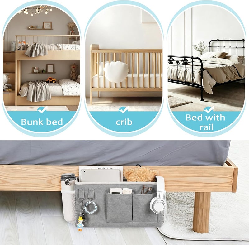 Loghot Bedside Caddy/Bedside Storage Bag Hanging Organizer for Bunk and Hospital Beds,Dorm Rooms Bed Rails,Can be Placed Glasses,Books,Mobile Phones,Keys (2pc Grey) - Image 5