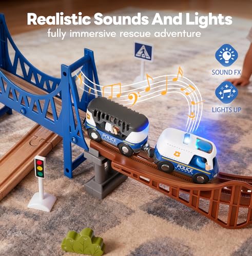 Giant bean 6pcs Magnetic Rescue Train Car Set with Sound Light 3 in1 Police Fire Ambulance Emergency Vehicles Magnetic Coupling with Action Figures Accessories STEM Play Toy for Kids 3 - Image 5