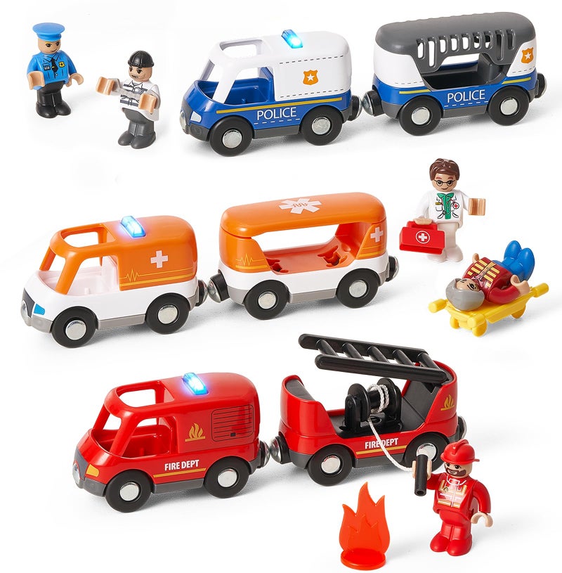 Giant bean 6pcs Magnetic Rescue Train Car Set with Sound Light 3 in1 Police Fire Ambulance Emergency Vehicles Magnetic Coupling with Action Figures Accessories STEM Play Toy for Kids 3 - Image 3