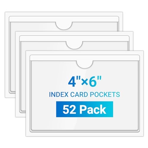 MaxGear 4x6 Index Card Pockets, 52 Pack Self Adhesive Library Card Pocket with Top Open Loading, Plastic Label Holders for Storage Bins, Clear Label Sleeves, Removable Tote Label Sticker Easy Peel Off - Image 1
