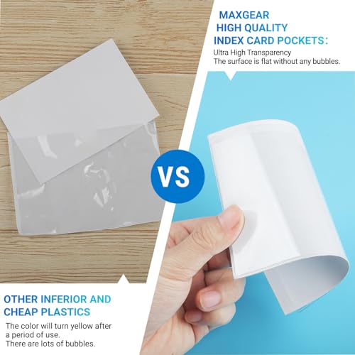 MaxGear 4x6 Index Card Pockets, 52 Pack Self Adhesive Library Card Pocket with Top Open Loading, Plastic Label Holders for Storage Bins, Clear Label Sleeves, Removable Tote Label Sticker Easy Peel Off - Image 3