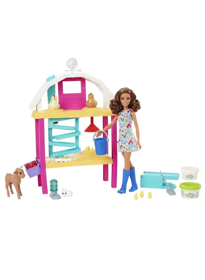Barbie Hatch & Gather Egg Farm, Doll, Petite Brunette, Chicken Stand, Dough, Mold, Animals & More, Great Gift for Ages 4 Years Old & Up - Image 1