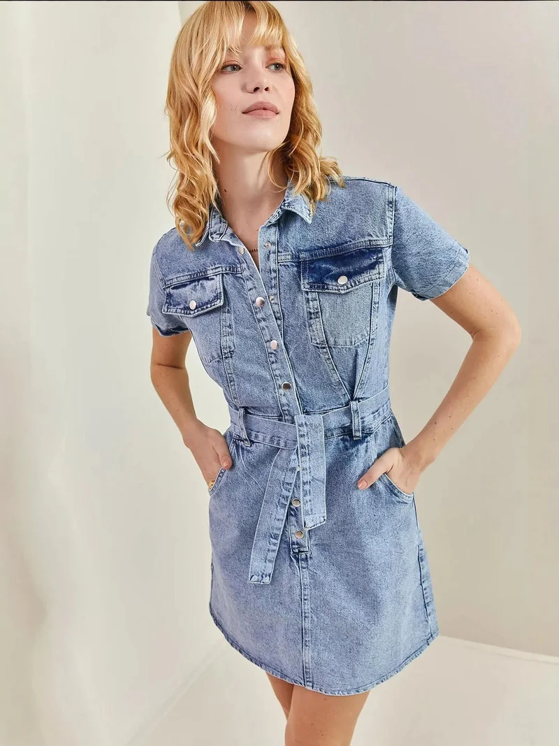 Bianco Lucci LUCCI Mini Denim Dress with Shirt Collar and Belt